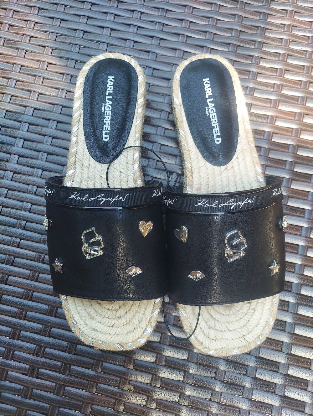 Karl Lagerfeld Black Slide Sandals with Gold-Tone Charms